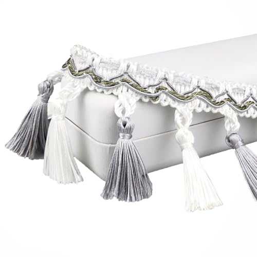 Yurosiay Quasten Spitzenband Fransenborte Spitzenbordüre Zierband Spitzenborte Spitzenbesatz Häkelspitze für DIY Kostüme Bekleidung Vorhang Kleidung Tischdecke Hochzeit 7,5 cm Breit Grau+Weiß 3M von Yurosiay