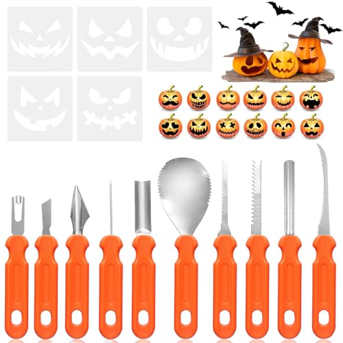 Halloween Kürbis Schnitzset, 10 Stück Kürbis Schnitzwerkzeug Professionelles Schnitzwerkzeug Kürbis Edelstahl Kürbisschnitzwerkzeug mit Aufbewahrungstasche, 5 Emoticon-Vorlagen von YushengTai