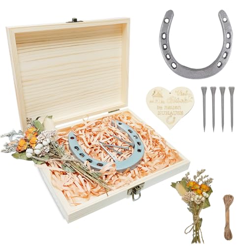 YushengTai Hufeisen, Hufeisen Glücksbringer Hochzeit Geschenk Hufeisen Deko Glückshufeisen mit Viel Glück Holzkiste Hufeisen Geschenk zum Einzug Geburtstag Richtfest Taufe, Einweihungsgeschenk von YushengTai