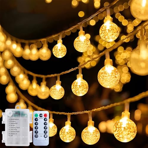 Lichterkette innen Batterie 10m 100 LEDs Lichterketten Kristall Kugel mit Timer, 8 Modi, Fernbedienung, Klein LED Lichterkette außen Dimmbar für Kinderzimmer Weihnachten Camping Balkon Party, Warmweiß von Yusinjoy