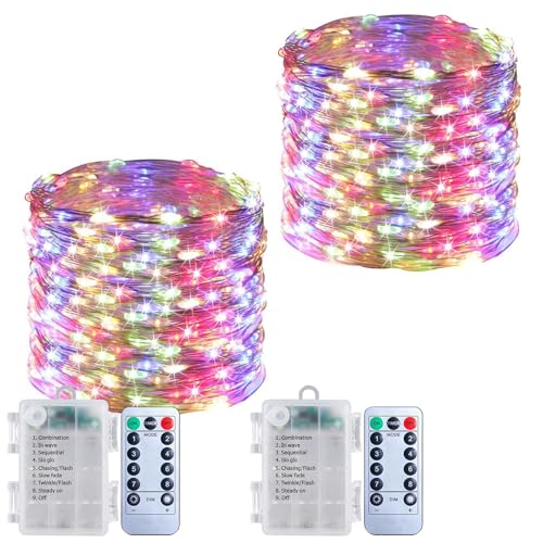 Lichterkette innen Batterie 2 x 100 LEDs Lichterketten Draht mit Timer, 8 Modi, 10m mini Lichterkette mit Fernbedienung, Klein LED Lichterkette Dimmbar für Kinderzimmer Weihnachtsbaum Camping, Bunt von Yusinjoy