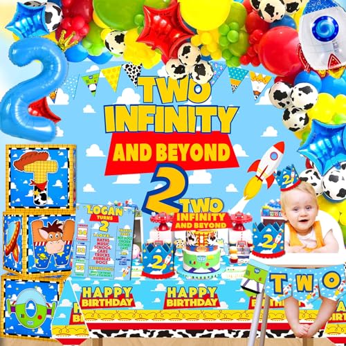Two Infinity and Beyond Geburtstagsdekorationen, Spielzeug-inspirierte Geschichte, Partyzubehör, Luftballon-Hintergrund, Krone, Tischdecke, Kuchendekoration, Ballonbox für 2 Unendlichkeits- und von Yusino