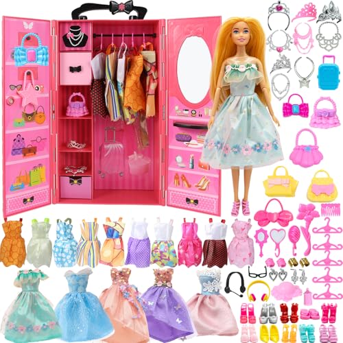 Yutoy Kleiderschrank mit Puppe mit Kleidung Set，mit Puppe Prinzessin，Kleidung，Kleider，Schrank，Schuhe，Puppenschrank，Kleiderschrank mit Zubehör von Yutoy