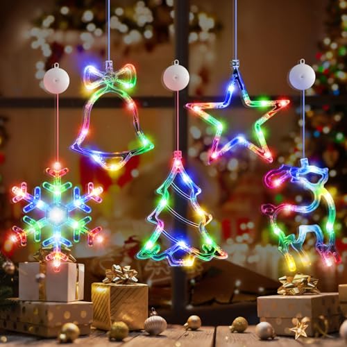 YuuFcy Lichtervorhang Weihnachten Fenster, Mehrfarbig Weihnachtskugeln, Stechpalmenbeere, Led Sterne Lichterkette, LED Weihnachtsdeko Innen Batteriebetriebene (5PCS) von YuuFcy