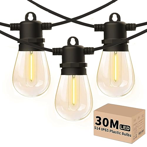 Yuucio LED Lichterkette Außen 30M, LED Lichterkette Outdoor, 30+2 S14 Plastik Birne, Wasserdicht IP65 Glühbirnen Lichterketten für Aussen Garten Terrasse Party Hochzeit, 2700K Warmweiß von Yuucio