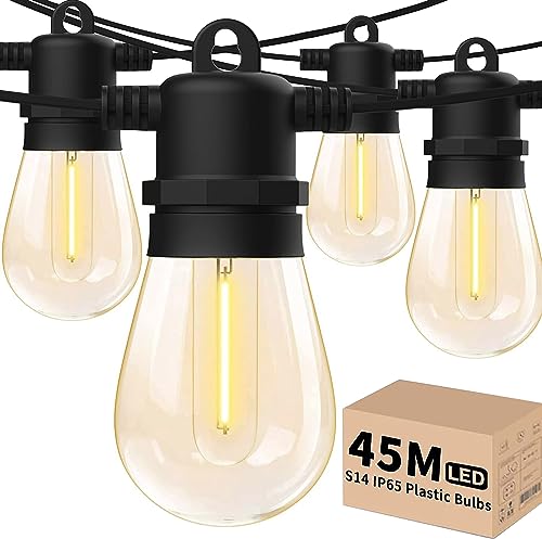 Yuucio Lichterkette Außen 45M, LED Lichterkette Outdoor, Wasserdicht IP65, 45+3 S14 Plastik Birne Lichterketten Glühbirnen für Aussen Garten Terrasse Party Hochzeit, 2700K Warmweiß von Yuucio