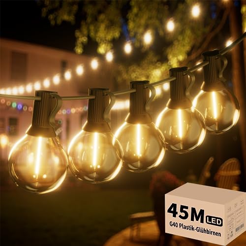 Yuucio Outdoor Lichterkette Außen 45M, LED Glühbirnen Aussen Mit 75+2 G40 PlastikBirnen, Wasserdicht IP44 Hängende lichterketten Strom für Garten, Terrasse, Party, Café 2700K Warmweiß von Yuucio