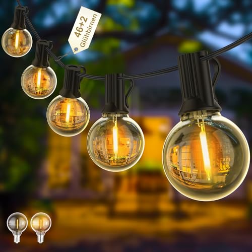 Yuusei Lichterkette Außen, 38M LED Lichterkette, IP45 Wasserdichte Outdoor Lichterkette, 46+2 G40 2700K Warmweiß Lichterkette Glühbirnen für Balkon, Terrasse, Pavillon, Garten, Party und Pergolen von Yuusei