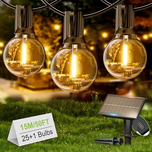 Yuusei Solar Lichterkette Aussen, 15M LED Lichterkette Außen Glühbirne, 25+1 Warmweiß G40 Birnen Wasserdicht 4 Modus Outdoor Lichterkette für Outdoor, Party, Hochzeit, Terrasse und Innen von Yuusei