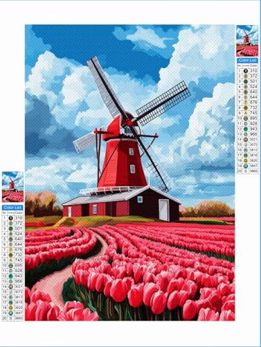 Diamond Painting Erwachsene Tulpe 5D Diamant Painting Bilder Kinder Landschaft, DIY Diamant Malerei Anfänger Crystal Stickerei Kreuzstich Crafts Kit Wand Décor Geschenke für Frauen 50x70cm 1F-207 von Yuxeawue