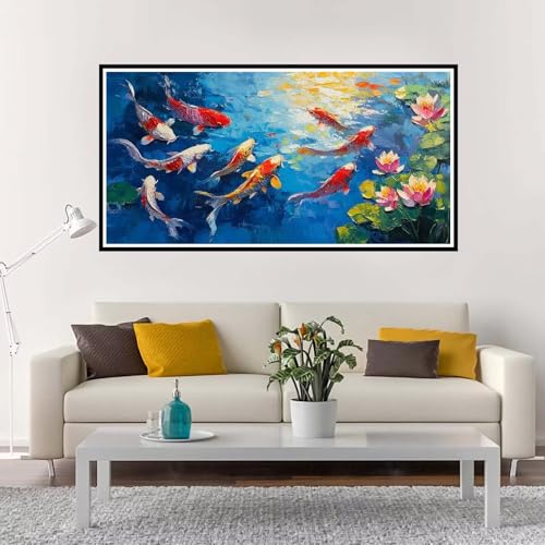 Malen Nach Zahlen Erwachsene Groß Lotus, Malen Nach Zahlen Fisch ohne Rahmen Inklusive Pinsel und Acrylfarben, DIY Paint by Numbers für Frauen Hobby Bastelset Geschenk, Home Deko 100x200 cm-YH232 von Yuxeawue