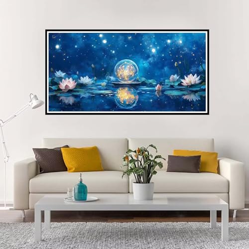 Malen Nach Zahlen Erwachsene Groß Lotus, Malen Nach Zahlen Kinder Blau ohne Rahmen Inklusive Pinsel und Acrylfarben, DIY Paint by Numbers für Frauen Hobby Bastelset Geschenk, Home Deko 30x60 cm-YH26 von Yuxeawue