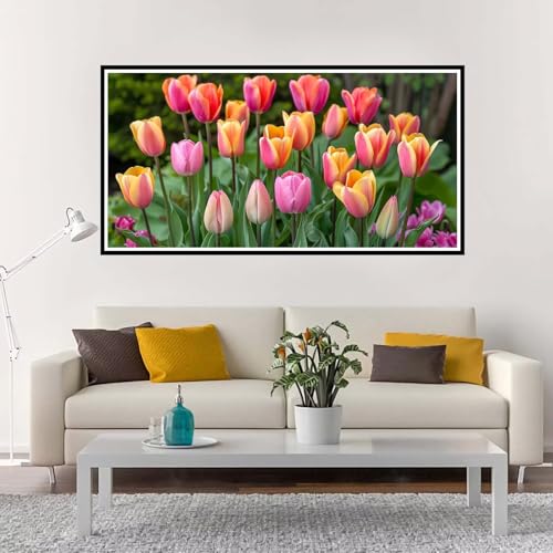 Malen Nach Zahlen Erwachsene Groß Tulpe, Malen Nach Zahlen Rosa ohne Rahmen Inklusive Pinsel und Acrylfarben, DIY Paint by Numbers für Frauen Hobby Bastelset Geschenk, Home Deko 70x140 cm-YH1060 von Yuxeawue