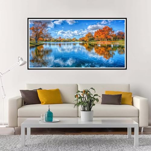 Malen Nach Zahlen Groß Herbst , Malen Nach Zahlen Erwachsene ohne Rahmen See, Handgemalt Ölgemälde Acrylfarbe Knitterfreie Leinwand Kit, DIY Paint by Numbers Wohnzimmer Deko Geschenk 70x140 cm-YH1269 von Yuxeawue