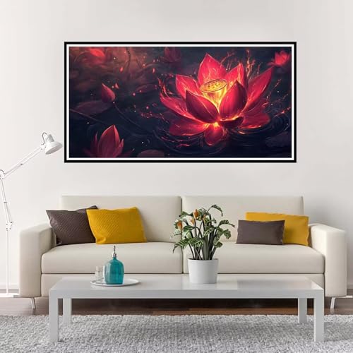 Malen Nach Zahlen Groß Lotus , Malen Nach Zahlen Erwachsene ohne Rahmen Rot, Handgemalt Ölgemälde Acrylfarbe Knitterfreie Leinwand Kit, DIY Paint by Numbers Wohnzimmer Deko Geschenk 100x200 cm-YH249 von Yuxeawue