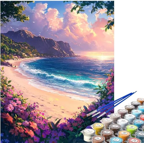 Malen nach Zahlen Erwachsene Blume Malen nach Zahlen Strand Ölgemälde Kit,DIY Paint by Numbers Groß XXL Leinwand Kinder Kreativ Set mit Pinseln Acrylfarbe,Geschenke für Frauen Rahmenlos 45x60 cm w-114 von Yuxoaoue