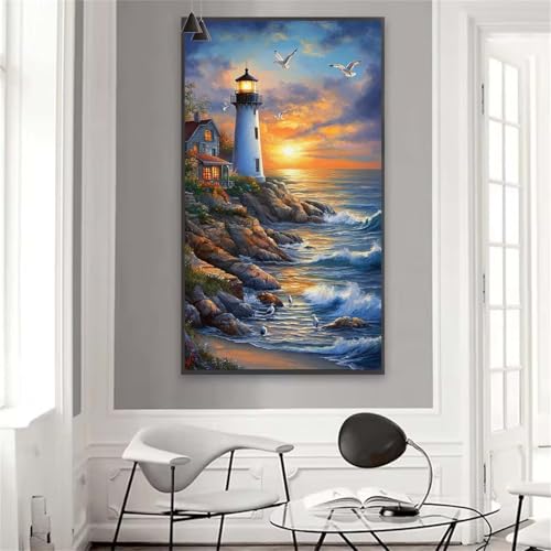 Malen nach Zahlen Erwachsene XXL 130x65 cm Groß Malen nach Zahlen Leuchtturm Paint by Numbers Sonnenuntergang Anfänger Handgemalt Ölgemälde Bastelset Pinseln Acrylfarbe, Wohnzimmer Deko Geschenke W-6 von Yuxoaoue