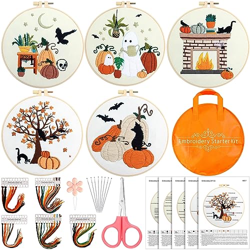 Yuxung 5 Sets Halloween Stickset für Anfänger DIY Erwachsene Anfänger Sticksets mit Halloween Muster Stickrahmen Nadeln Fäden Schere Aufbewahrungstasche Nadeleinfädler und Anleitung von Yuxung