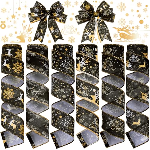 Yuxung Geschenkband mit Draht, Büffel-Schwarz und Gold, Rentierband, Weihnachtskranz, Dekoration für Weihnachten, Basteln, Schleifen, Geschenke, 6 Rollen, 27,7 m von Yuxung