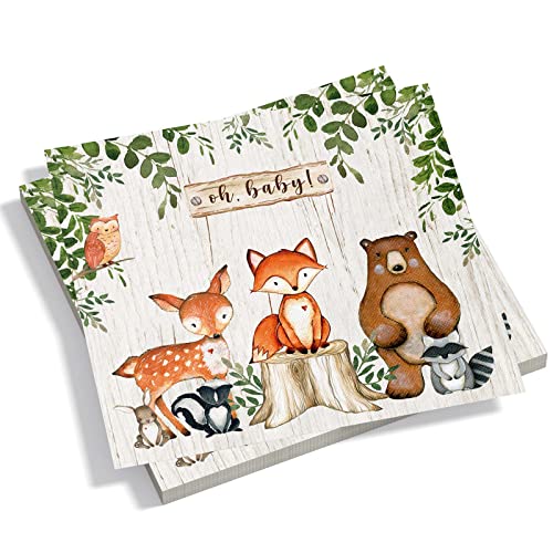 Yuzioey 100 Stück Woodland Baby Shower Servietten, Waldtiere Baby Shower Einweg-Papierservietten, Woodland Theme Baby Shower Supplies Party Servietten Woodland Baby Shower Dekorationen 16,5 cm x 16,5 von Yuzioey