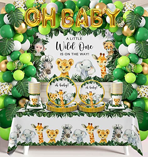 Yuzioey Safari-Babyparty-Dekorationen, Dschungeltiere, Oh Baby-Partyzubehör, Safari-Einweggeschirr (servieren Sie 24 Gäste) mit Papptellern, Bechern, Hintergrund-Tischdecke, Ballongirlande, 224 Stück von Yuzioey