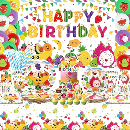 Fruit Birthday Party Supplies, Includes Happy Birthday Backdrop, Plates, Cupcake Toppers, Napkins, Cups, Tablecloths, for Summer Fruit Birthday Party Supplies Serves 20 (Set A) (Backdrop) von Ywediim