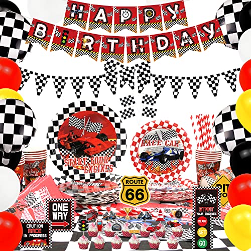 Racing Car Party Supplies Geschirr-Set für 20 Personen – inklusive Banner, Teller, Servietten, Strohhalm, Tasse, Cupcake-Topper, Tischdecke, Schilder, Luftballons, für Kinder Jungen Let's go Racing von Ywediim