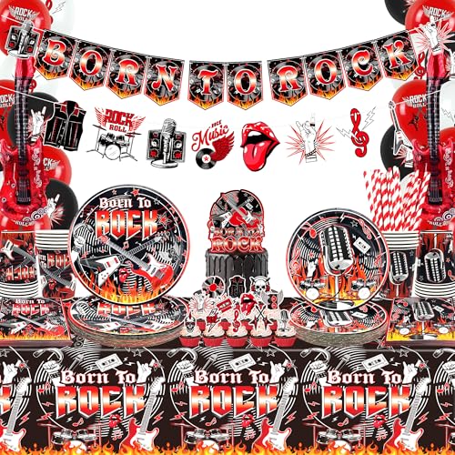 Rock and Roll Partydekorationen, einschließlich Born to Rock Banner, Teller, Servietten, Tischdecke, hängende Wirbel, Kuchenaufsätze, Luftballons, Tischdecken, für Rockmusik-Mottoparty-Zubehör (Stil von Ywediim