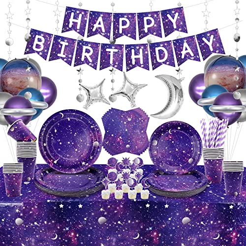 Space Galaxy Partygeschirr Set, Enthält Happy Birthday Banner, Teller, Servietten, Tassen, Tischdecke,Folienballons, Weltraum Deko für kindergeburtstag Planeten 20 Gäste von Ywediim