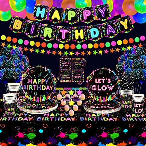 Ywediim Glow Neon Deko Partyzubehör - Enthält Neonballons, Glow Party Tischdecken, Teller, Tassen, Servietten, Strohhalme, für 20 Gäste für Neon Glow Geburtstagsparty (Set C) von Ywediim