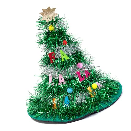 Ywmsfl Kreative Weihnachtsbaum-förmige Mütze, Kopfbedeckung mit glitzernden Lametta und Stern verzierte Weihnachtsmannmütze für Erwachsene Männer und Frauen von Ywmsfl