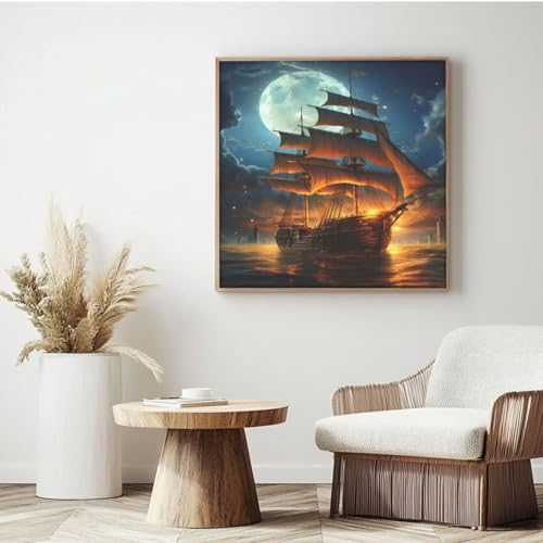 Malen nach Zahlen Erwachsenen-Set, Schiff, Mond, Malen nach Zahlen für Anfänger, Acryl-Peinture a Numero mit 6 Pinseln, DIY-Ölgemälde, Kunst-Bastelsets für Wanddekoration (40 x 40 cm, rahmenlos) MK281 von Yyafeenng