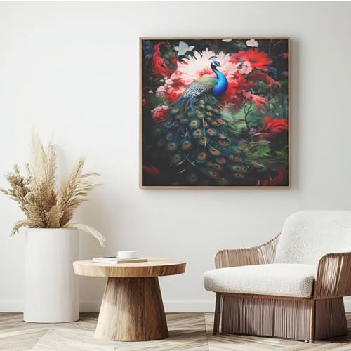 Malen nach Zahlen für Erwachsene, Pfau, Blume, Malen nach Zahlen für Anfänger, Acryl-Peinture a Numero mit 6 Pinseln, DIY-Ölgemälde, Kunsthandwerk für Wanddekoration - (85 x 85 cm, rahmenlos) MK41 von Yyafeenng