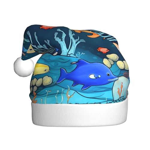 YzgWjBhd Blaue Unterwasserwelt der Fische, Weihnachtsmannmütze für Erwachsene, lustige Weihnachtsmütze, niedliches Weihnachtsaccessoire von YzgWjBhd