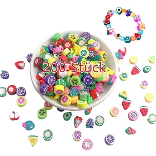 200 Stück Obst Perlen zum Auffädeln, Polymer Clay Beads,Weiche Keramik,Polymer Clay Beads Früchte,DIY Armband Zubehör,Weiche Topfperlen,Obst Armband Perlen,Schmuckperlen,für Kinder und Mädchen von YzmrBdqc