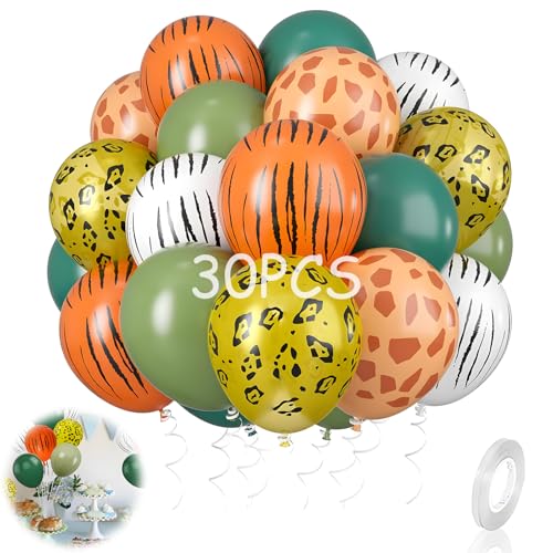 Dschungel-Luftballons, 30 Stück, 30,5 cm, Dschungel-Safari-Tierdruck, Dschungelsafari-Themenparty-Dekorationen, grüne Latex-Luftballons, Leopardenmuster, Zebra-Tiger-Luftballons (4 Arten von YzmrBdqc