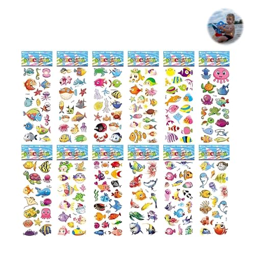 Meer Sticker, 12 Blatt Kinder Sticker,Meerestiere 3D Sticker Kinder,2 Blatt Kinder Sticker Set Meerestier Aufkleber,12 Blätter Puffy Sticker Set,Unterwasserwelt Aufkleber Kinder von YzmrBdqc