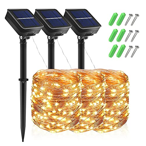 Solar Lichterkette Aussen, 3er-Set Solar Lichterkette aus Kupferdraht, 300 warmweiße LEDs, 8 Modi, 12m Solar Lichterketten IP65 Wasserdicht für Weihnachten, Garten, Balkon, Hochzeit, Terrasse, Party von YzzYzz