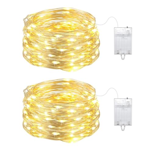 YzzYzz Lichterkette Batterie, 50 LED Lichterkette Innen Batterie, Mini Lichterkette Draht 2 x 5M Silberdraht für Party, Garten, Weihnachten, Halloween, Hochzeit, Beleuchtung Deko (Warmweiß) von YzzYzz