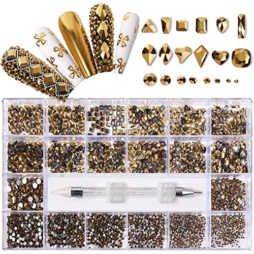 Yzzseven 12 Arten von 600 Diamanten + 2500 flache Strasssteine Mix 20 Stile flache Rückseite Strass Kristalle 3D Dekorationen flache Rückseite Steine Edelsteine Set für Nagelkunst DIY (abgebautes Gold) von Yzzseven