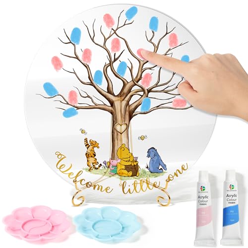 Z1juce Gender Reveal Fingerabdruck-Baum – Winnie Gender Reveal Acryl Andenken Fingerabdruck Baum Gästebuch für Babyparty Ideen Baby Geschlecht Enthüllung Party mit Farben zum Selbermachen von Z1juce