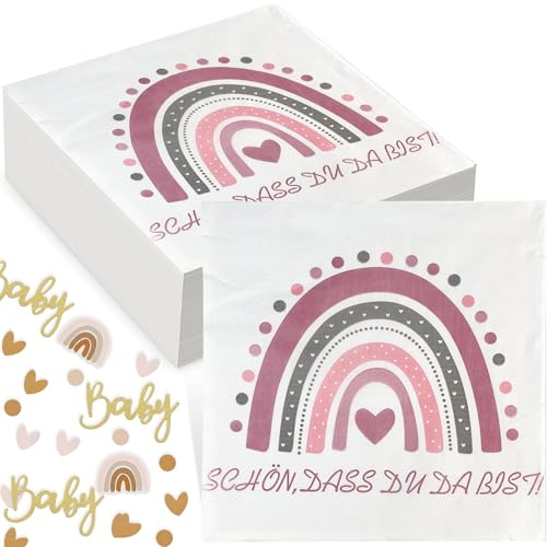 40x Boho Regenbogen Servietten,100x Babyparty Deko Konfetti,33 x 33cm Servietten Schön Dass Du Da Bist,Servietten Taufe Boho Papierservietten Party Servietten für Babyparty Geburtstage Tischdeko von ZABARE