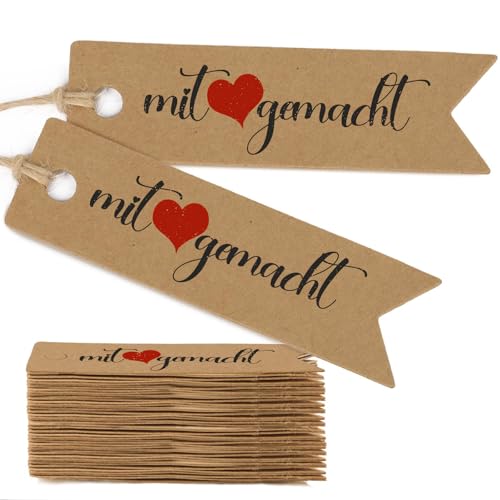 50 Geschenkanhänger Kraftpapier Anhänger Etiketten - Mit Liebe Gemacht,Handmade with Love Handgemacht Anhänger Etiketten Tags für Hochzeit Weihnachten Geschenk Verpackung Anhängeschilder von ZABARE