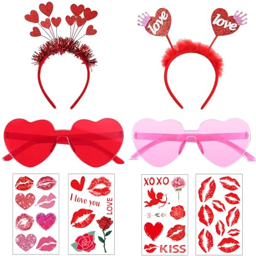 8 Set Glitzer Gesichtstattoo Karneval,Herz Haarreif Rot,Herz Brille,Herz Stirnband Haarbänder Partybrille Aufkleber Amor Kostüm Accessoires für Karneval Valentinstag Hochzeit Mottoparty Halloween von ZABARE