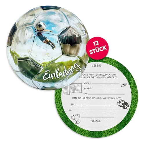 ZADAWERK® Einladungskarten - Fußball 3D - 12 Karten - Coole Soccer-Party Karten - rund - Kindergeburtstag Partyeinladungen – Set für Mädchen und Jungen von ZADAWERK