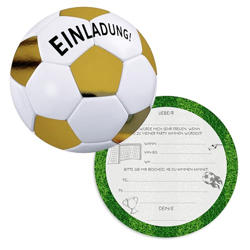 ZADAWERK® Einladungskarten - Fußball Gold - 12 Karten - goldene Effekte - runde Karte - Kindergeburtstag Partyeinladungen - Set für Mädchen und Jungen von ZADAWERK