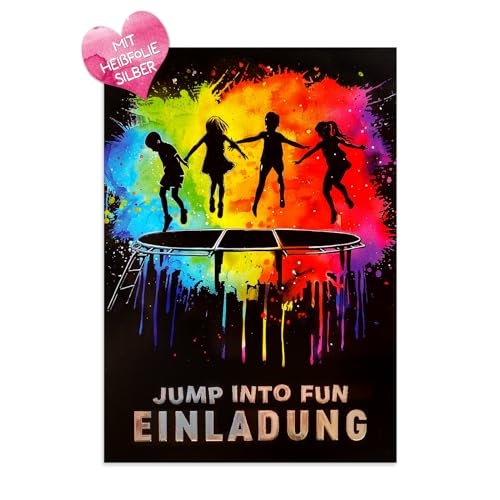 ZADAWERK® Einladungskarten - Jump into Fun - 12 Karten - Trampolin - Neon mit Silber-Effekt - Kindergeburtstag - Partyeinladungen - Set - Mädchen - Jungen von ZADAWERK