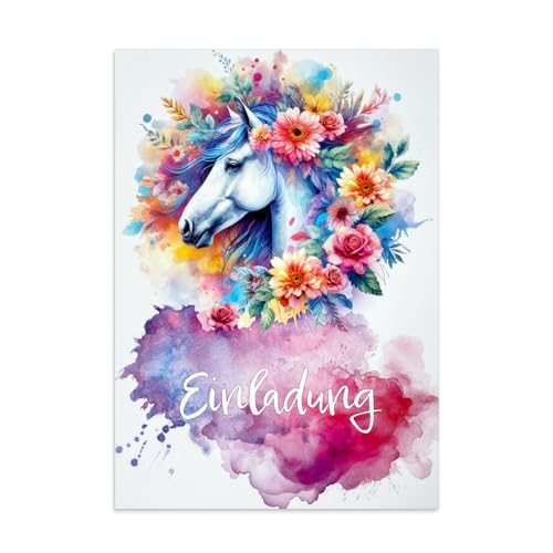 ZADAWERK® Einladungskarten - Pferd Watercolor - 12 Karten mit Blumen-Pferdemotiv - Wasserfarbe - Geburtstag - Party-Einladungen - 12er Set - Pferdekarte von ZADAWERK