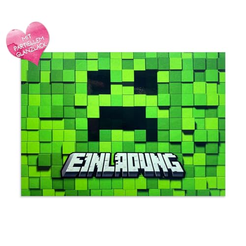 ZADAWERK® Einladungskarten – Pixel Grün – 12 Stück - Spotlack - Gaming Pixelmotiv – Party Einladung - 12er Set – Kindergeburtstag - Zockerparty - Generisch von ZADAWERK