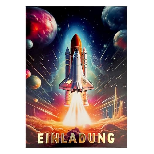 ZADAWERK® Einladungskarten - Rakete - 12 Stück - mit Gold-Effekt - Space Shuttle - Raumschiff - Planeten - Weltall - Kindergeburtstag, Einschulung, Jugendweihe, Party von ZADAWERK